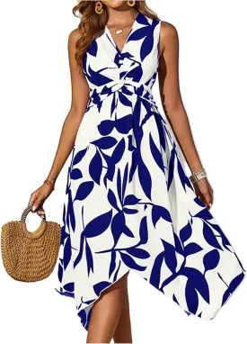 Floral Dress for Women Leaf Printed Vacation Sundresses Swing Flowy Twisted Irregular Wrap Dresses
