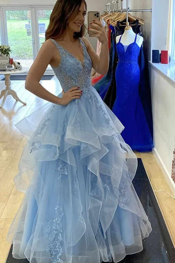 Fluffy Blue Layered Tulle Lace A-line V-neck Long Prom Dresses, Evening Dress, SP845