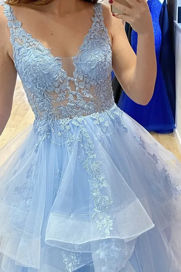Fluffy Blue Layered Tulle Lace A-line V-neck Long Prom Dresses, Evening Dress, SP845