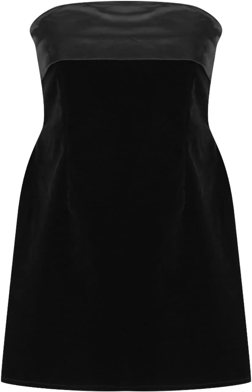 FZYLQY Womens Elegant Velvet Satin Tube Mini Dress Sexy Strapless Off Shoulder Slim Flare Y2k Short Party Homecomming Dress