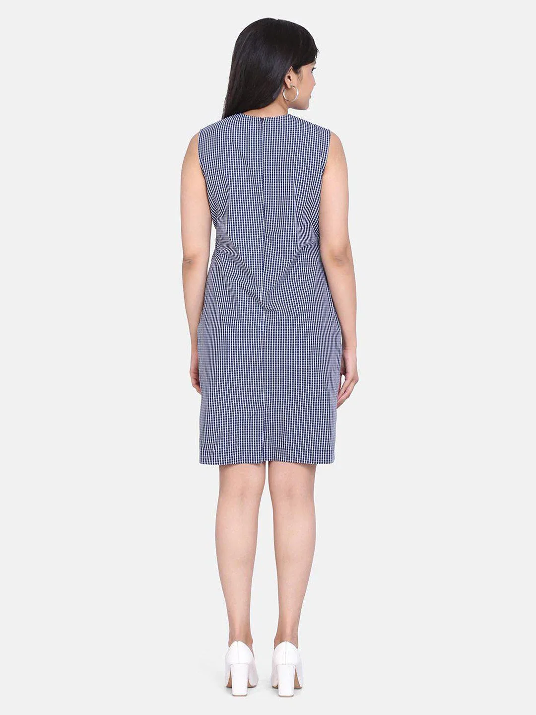 Gingham Check Cotton Shift Dress - Blue and White