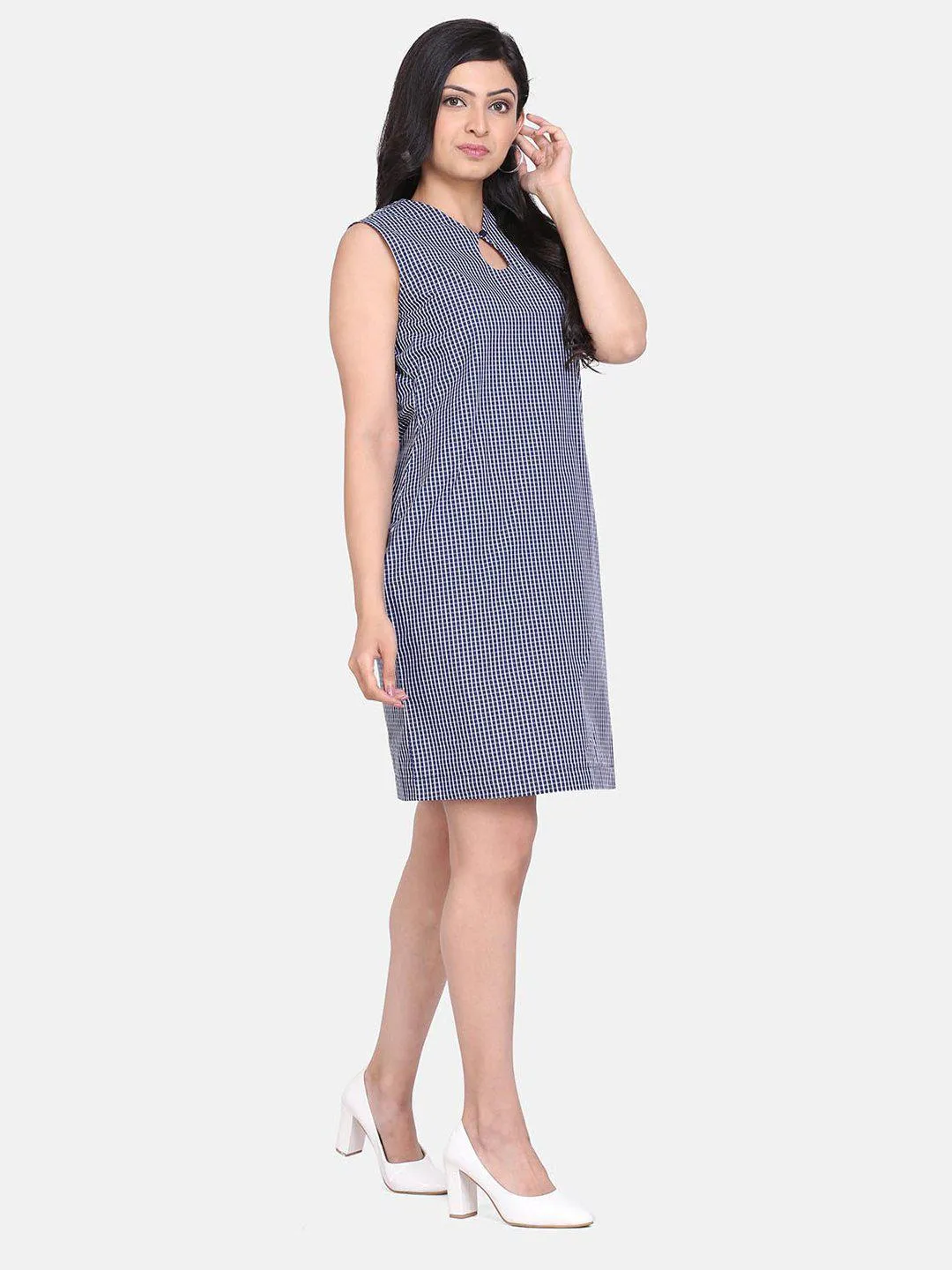 Gingham Check Cotton Shift Dress - Blue and White