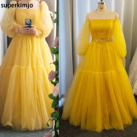 gold prom dresses flare sleeve beaded appliqué elegant arabic Dubai fashion prom gown