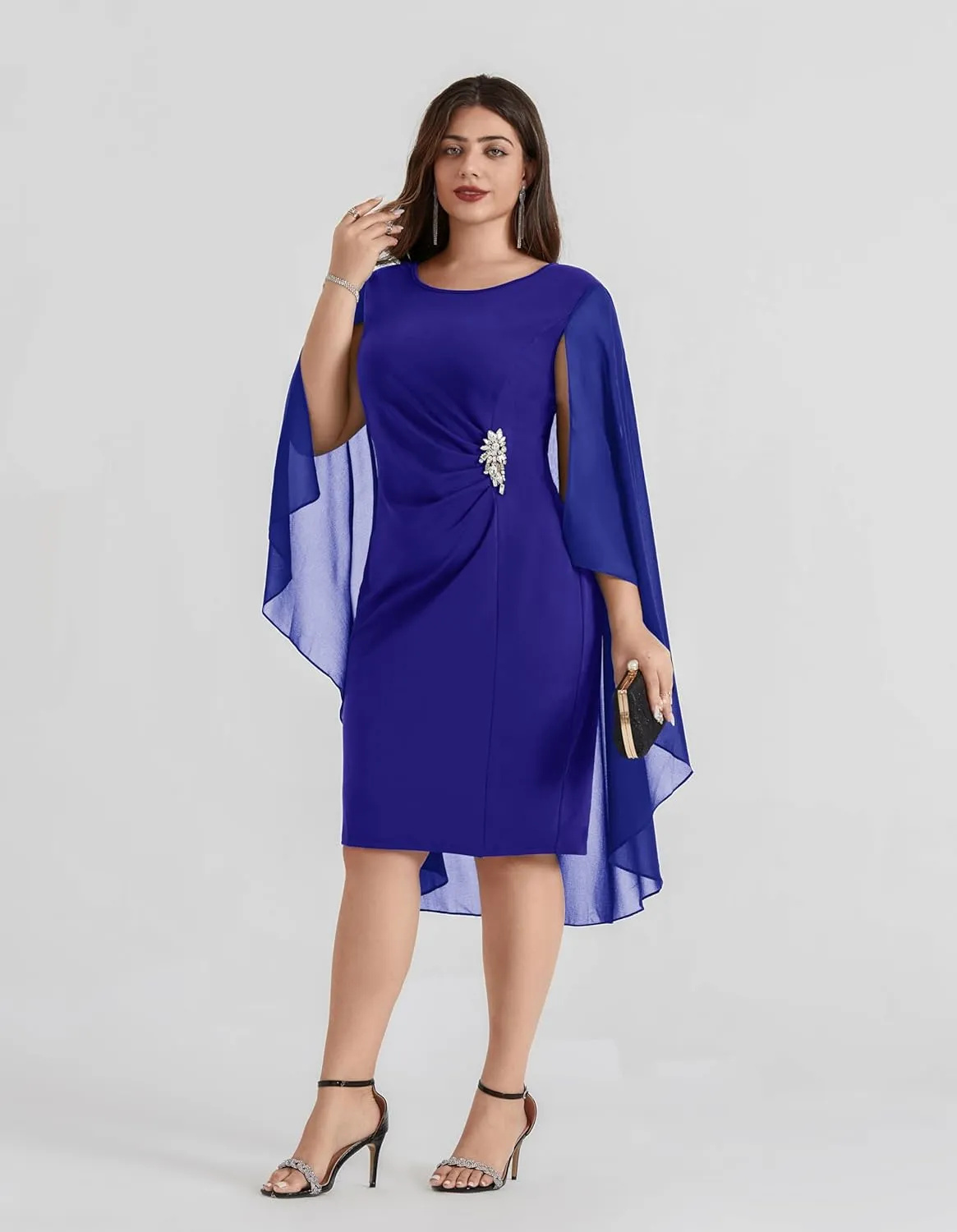 Hanna Nikole Womens Plus Size Chiffon Cape Dress Crew Neck Wedding Guest Dresses Ruched Bodycon Cocktail Pencil Dress
