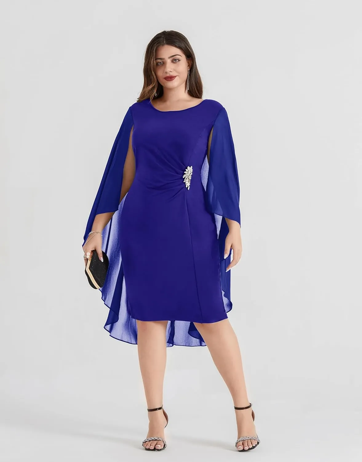 Hanna Nikole Womens Plus Size Chiffon Cape Dress Crew Neck Wedding Guest Dresses Ruched Bodycon Cocktail Pencil Dress