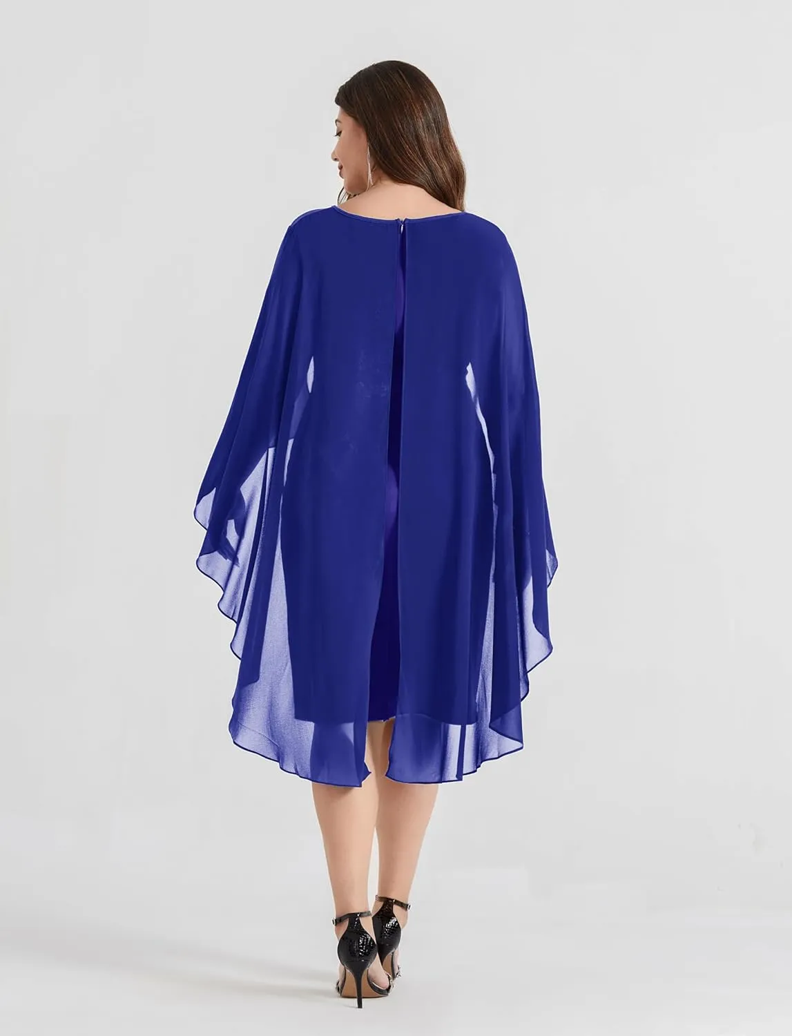 Hanna Nikole Womens Plus Size Chiffon Cape Dress Crew Neck Wedding Guest Dresses Ruched Bodycon Cocktail Pencil Dress