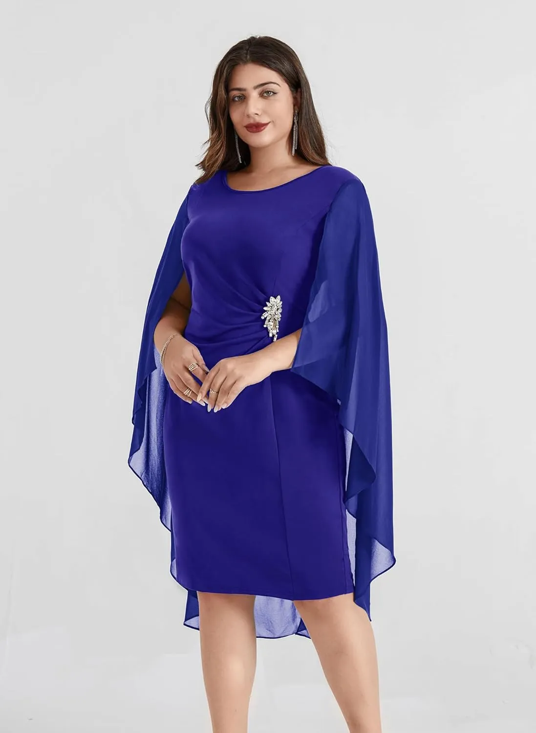 Hanna Nikole Womens Plus Size Chiffon Cape Dress Crew Neck Wedding Guest Dresses Ruched Bodycon Cocktail Pencil Dress