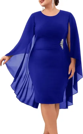 Hanna Nikole Womens Plus Size Chiffon Cape Dress Crew Neck Wedding Guest Dresses Ruched Bodycon Cocktail Pencil Dress