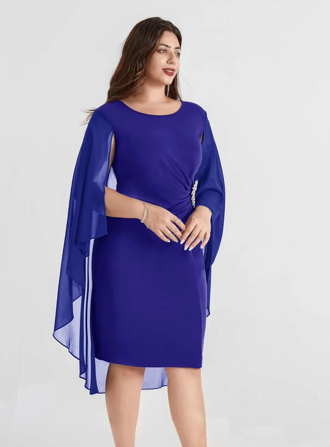 Hanna Nikole Womens Plus Size Chiffon Cape Dress Crew Neck Wedding Guest Dresses Ruched Bodycon Cocktail Pencil Dress