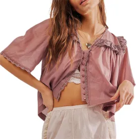 Hassembly Women Summer Cute Chiffon Shirt Low Cut V-Neck Short Sleeve Ruffle Trim Blouse Y2K Going Out Button Down Mesh Shirt