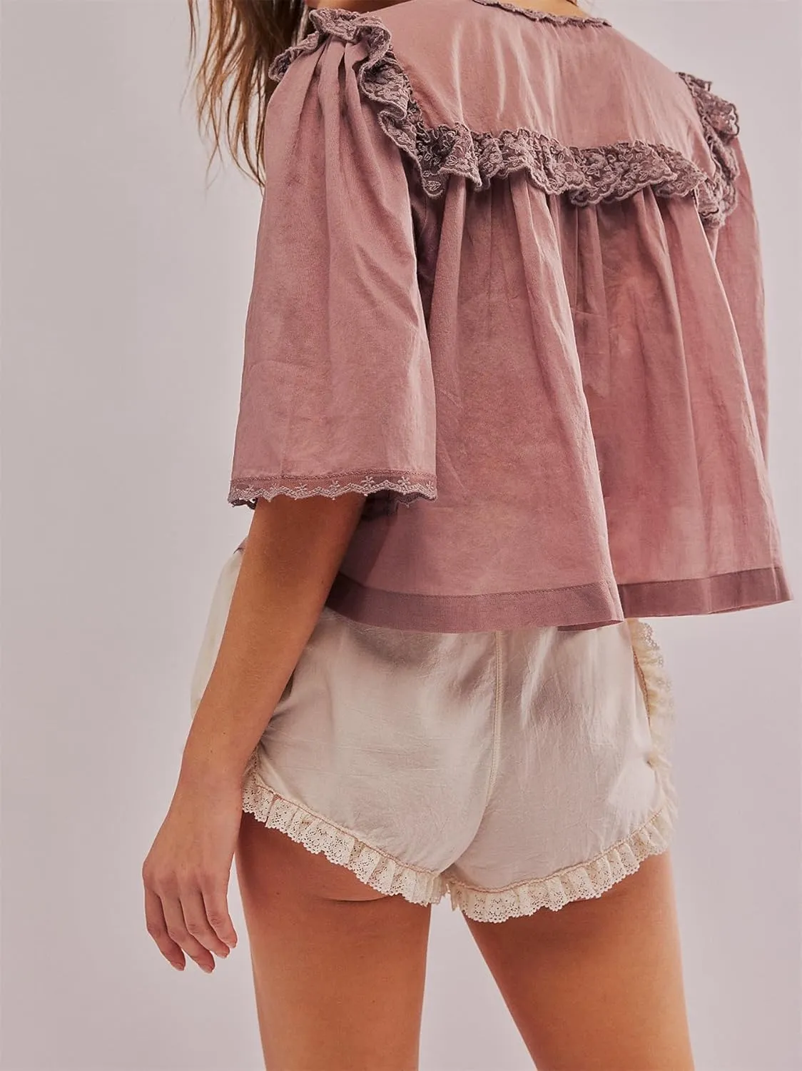 Hassembly Women Summer Cute Chiffon Shirt Low Cut V-Neck Short Sleeve Ruffle Trim Blouse Y2K Going Out Button Down Mesh Shirt