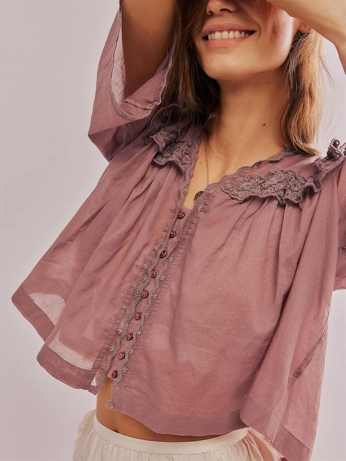 Hassembly Women Summer Cute Chiffon Shirt Low Cut V-Neck Short Sleeve Ruffle Trim Blouse Y2K Going Out Button Down Mesh Shirt