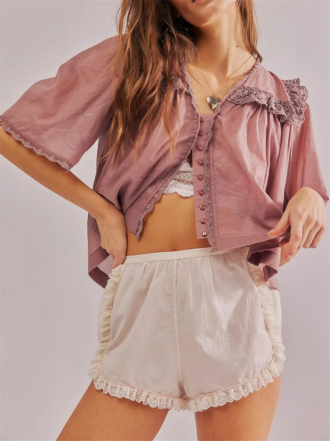 Hassembly Women Summer Cute Chiffon Shirt Low Cut V-Neck Short Sleeve Ruffle Trim Blouse Y2K Going Out Button Down Mesh Shirt