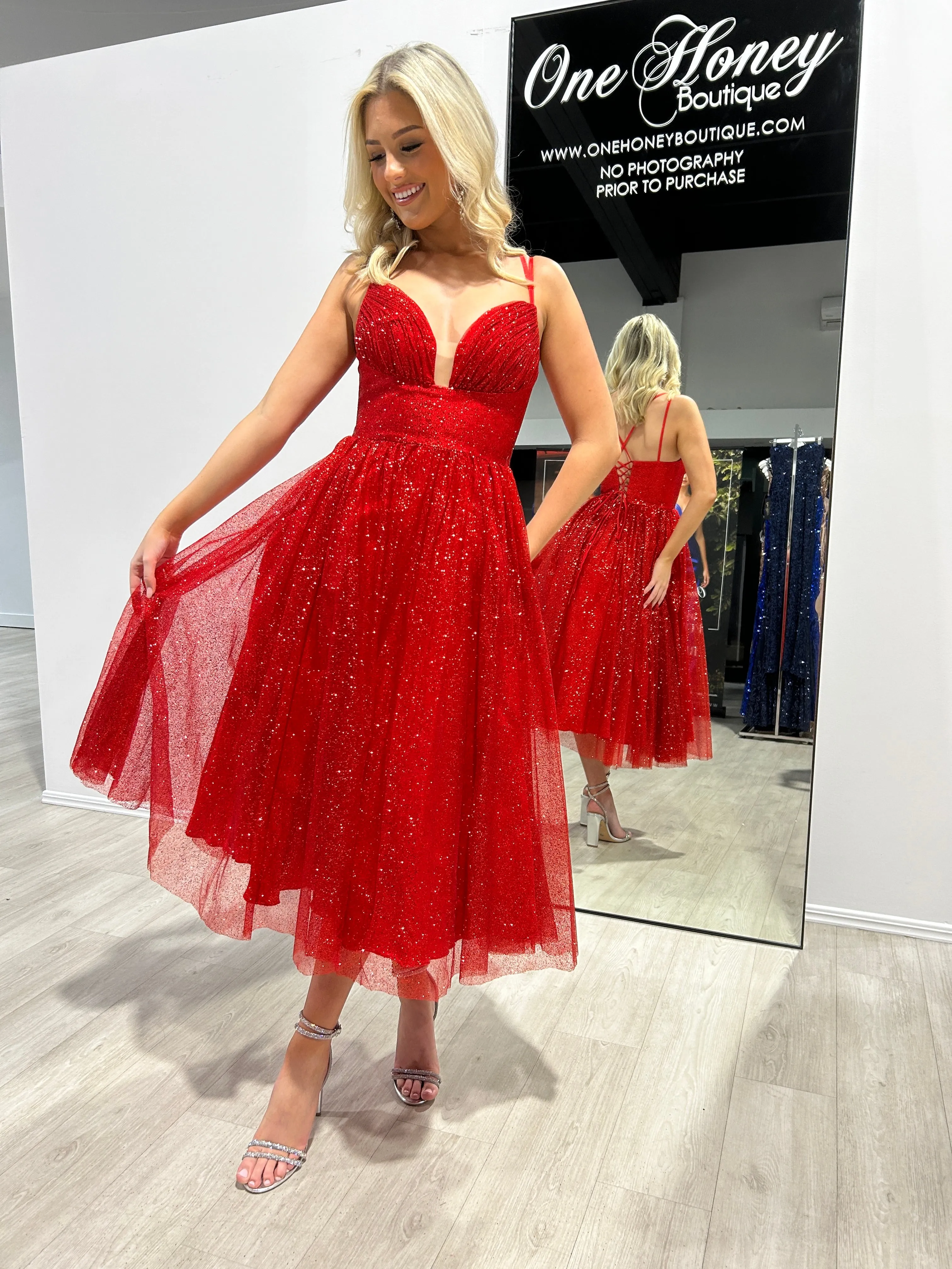 Honey Couture CAM Red Glitter Tea Length Ball Gown Corset Lace Up Formal Dress