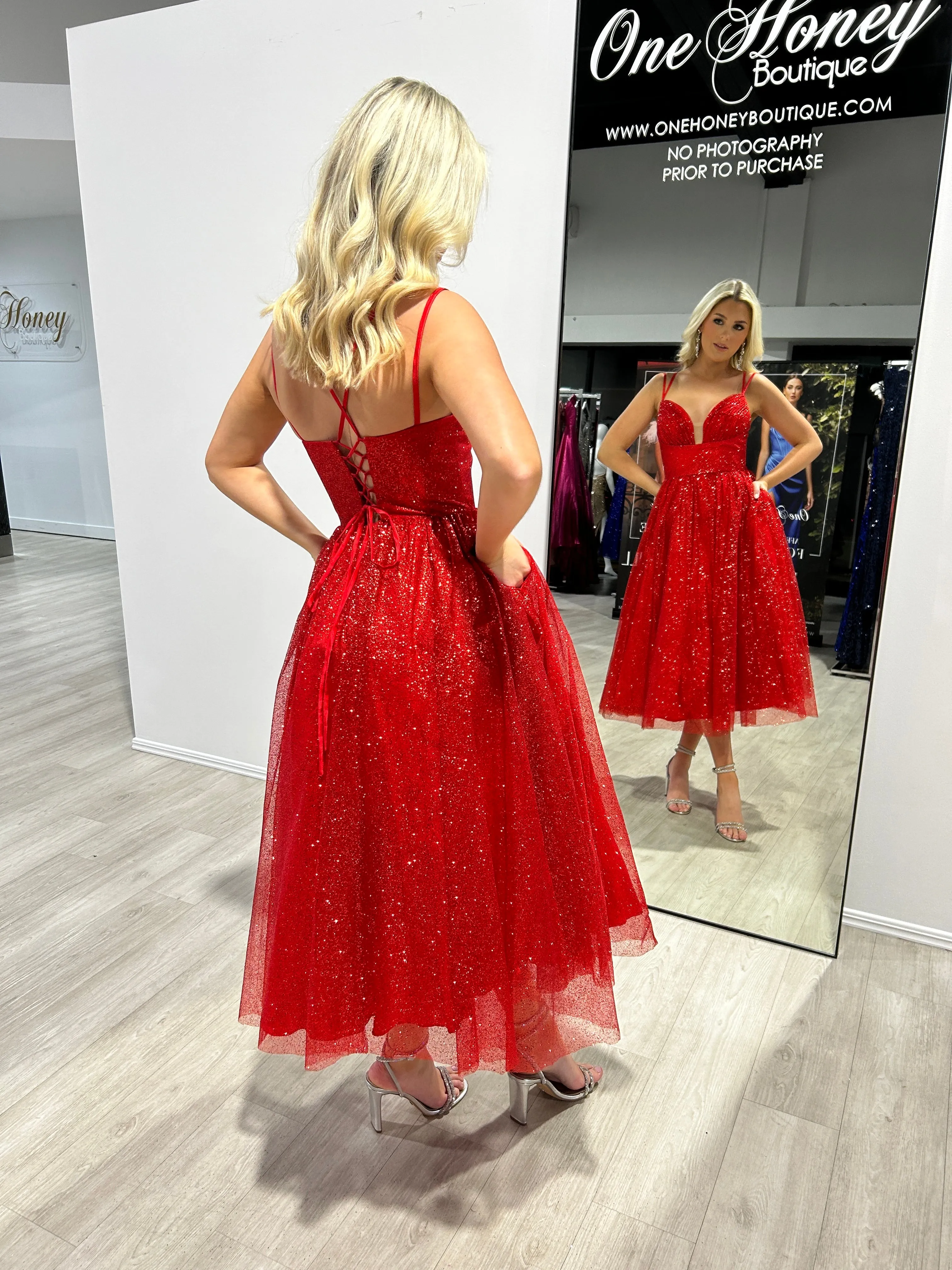 Honey Couture CAM Red Glitter Tea Length Ball Gown Corset Lace Up Formal Dress