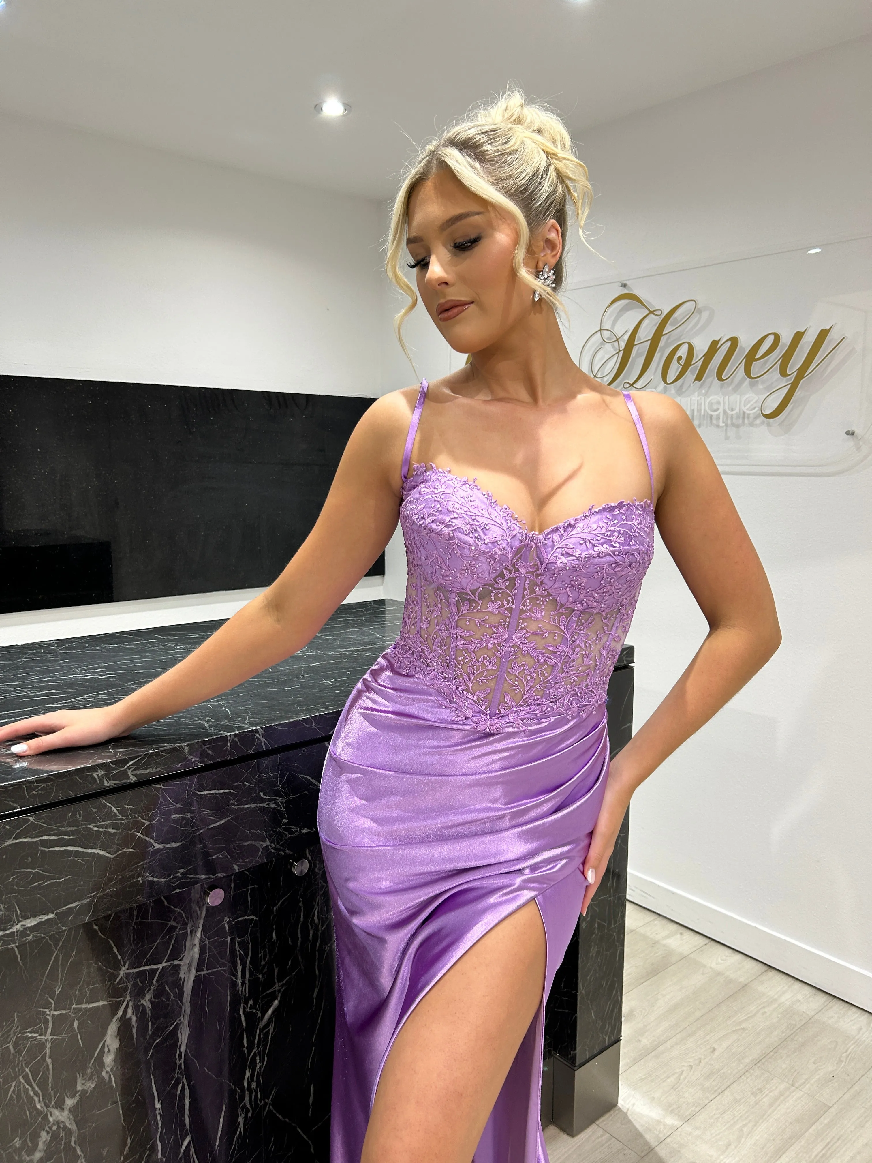 Honey Couture MYORA Embellished Bustier Satin Mermaid Formal Dress