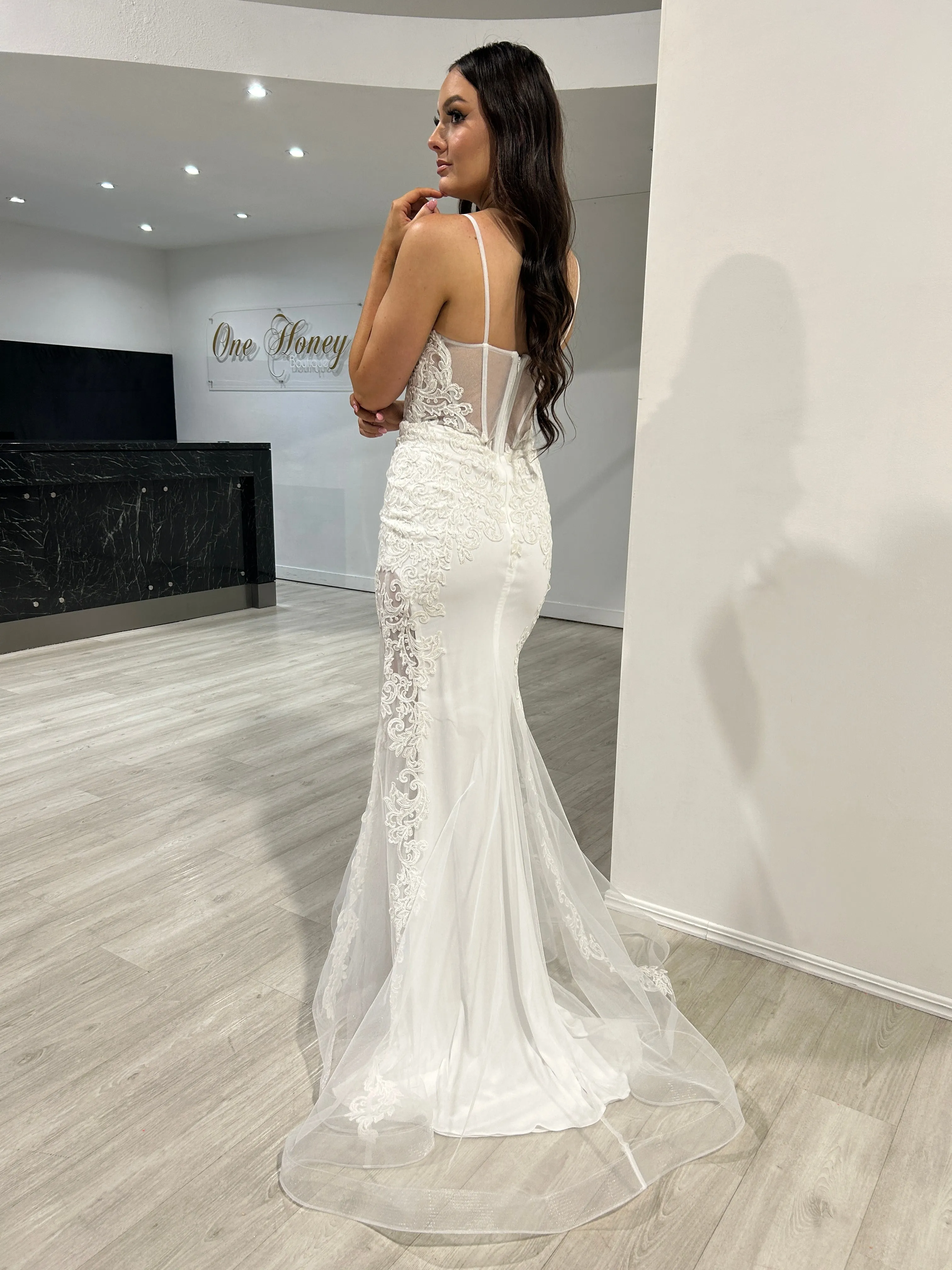 Honey Couture SASKIA Off White Mesh Insert Bridal Mermaid Formal Dress