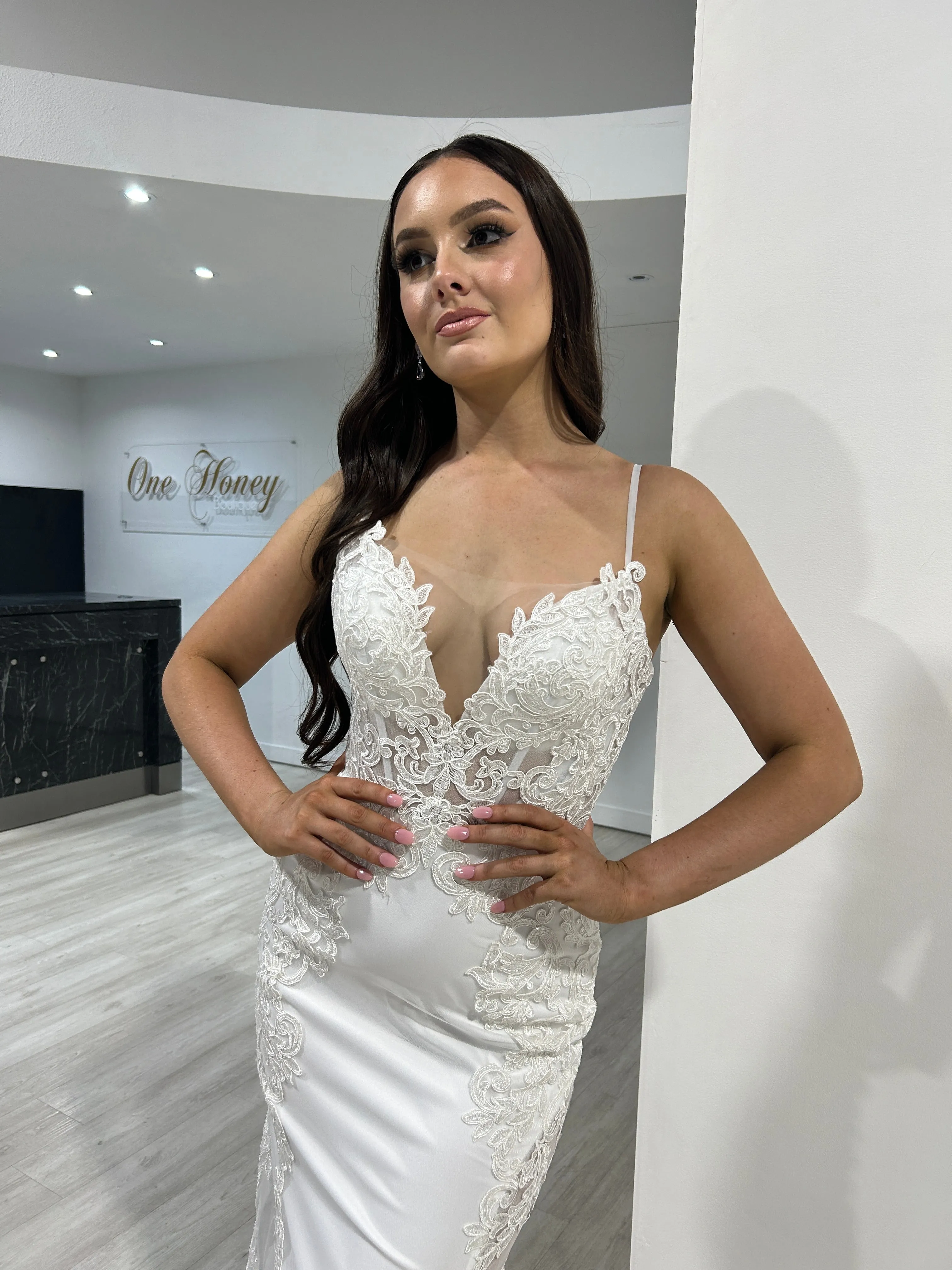 Honey Couture SASKIA Off White Mesh Insert Bridal Mermaid Formal Dress