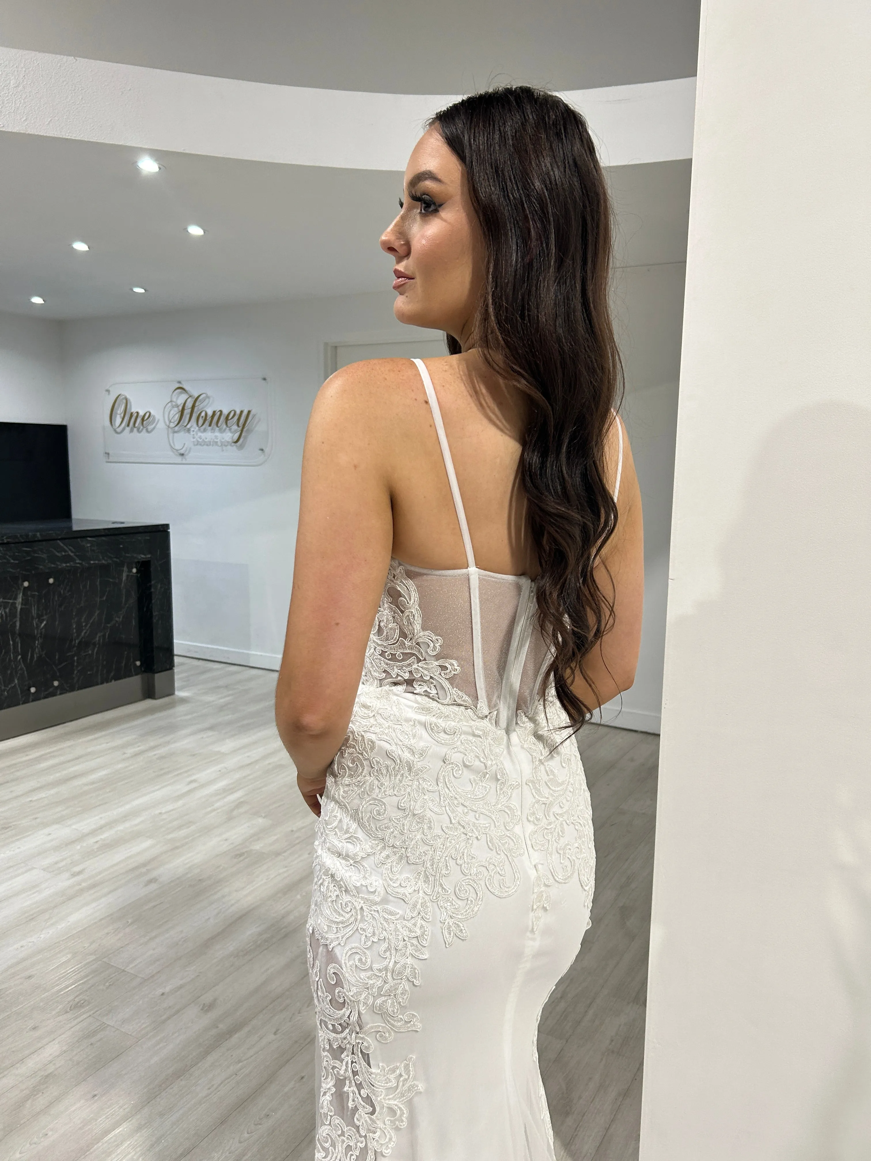 Honey Couture SASKIA Off White Mesh Insert Bridal Mermaid Formal Dress