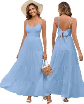 HTZMO Women Casual Summer Floral Maxi Sundress V Neck Spaghetti Strap Bow Tie Backless Flowy Boho Beach Long Dress 2025
