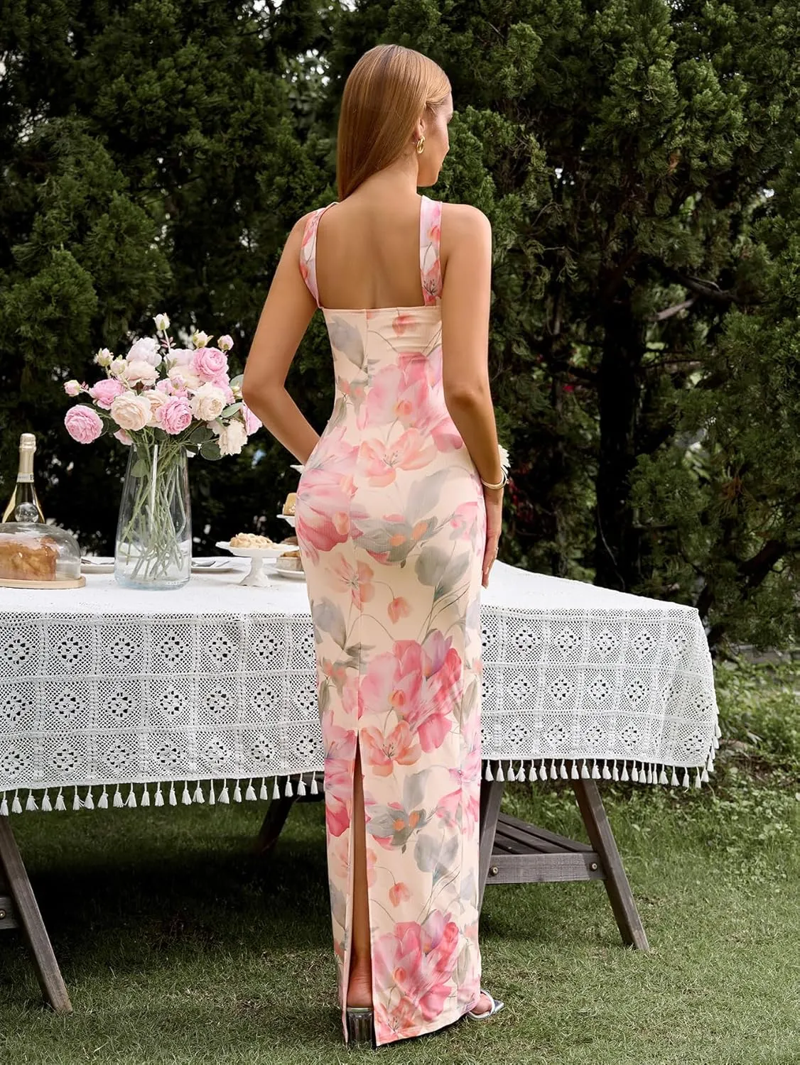 HTZMO Women Elegant Summer Bodycon Maxi Dress Halter Neck Formal Wedding Guest Cocktail Party Long Dresses