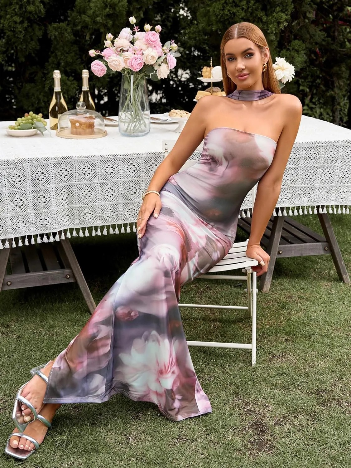 HTZMO Women Elegant Summer Bodycon Maxi Dress Halter Neck Formal Wedding Guest Cocktail Party Long Dresses