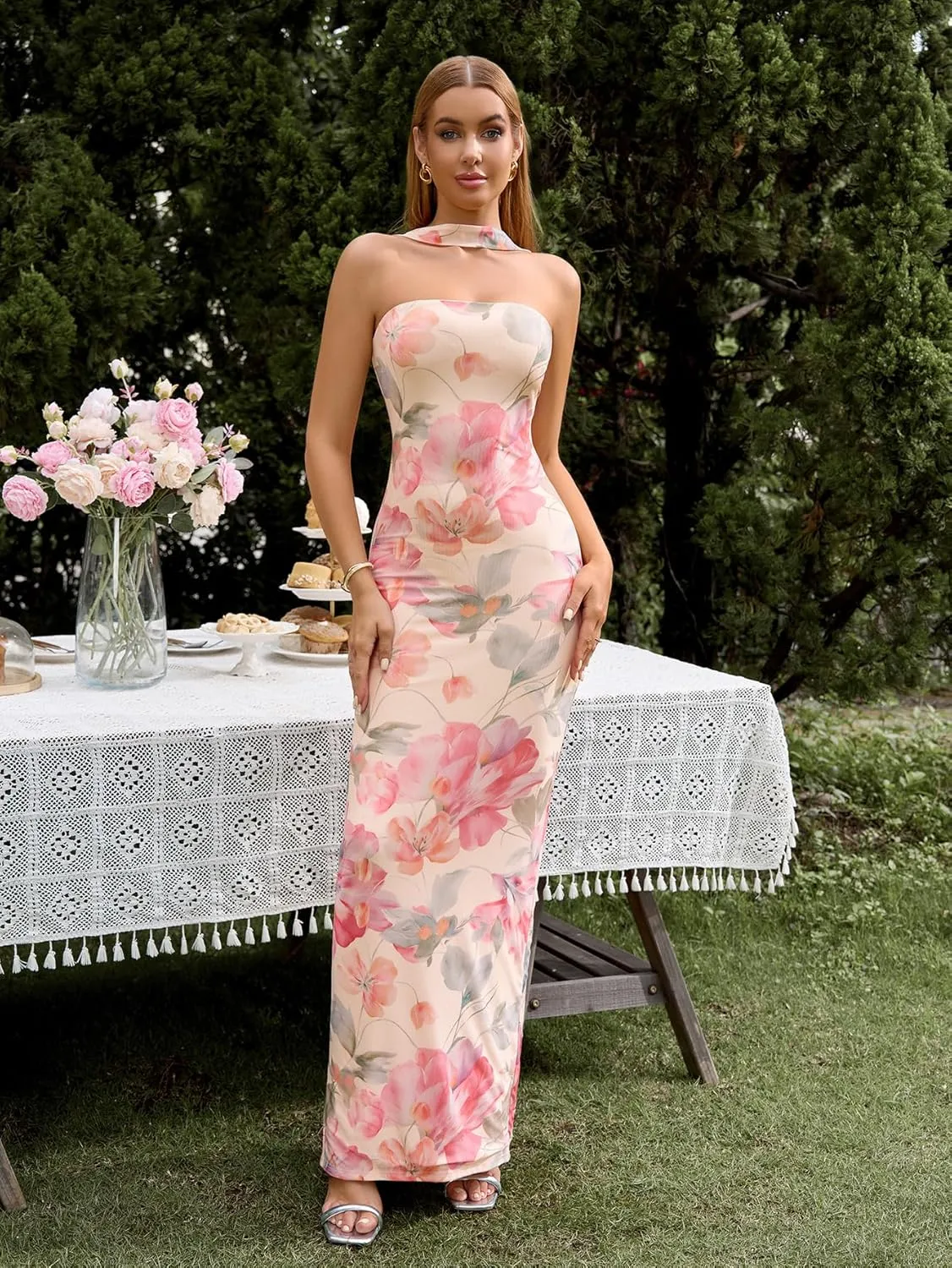 HTZMO Women Elegant Summer Bodycon Maxi Dress Halter Neck Formal Wedding Guest Cocktail Party Long Dresses