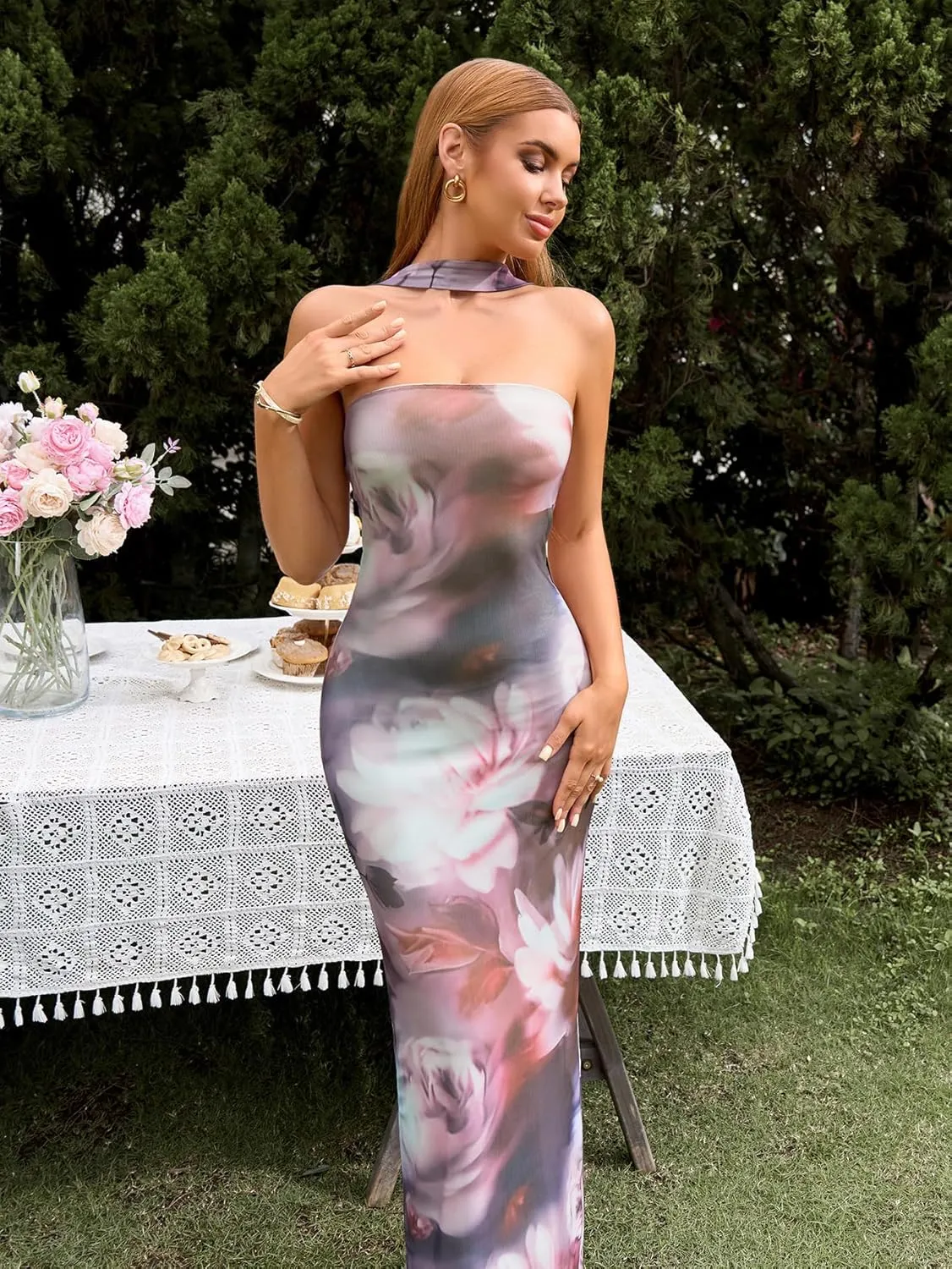 HTZMO Women Elegant Summer Bodycon Maxi Dress Halter Neck Formal Wedding Guest Cocktail Party Long Dresses