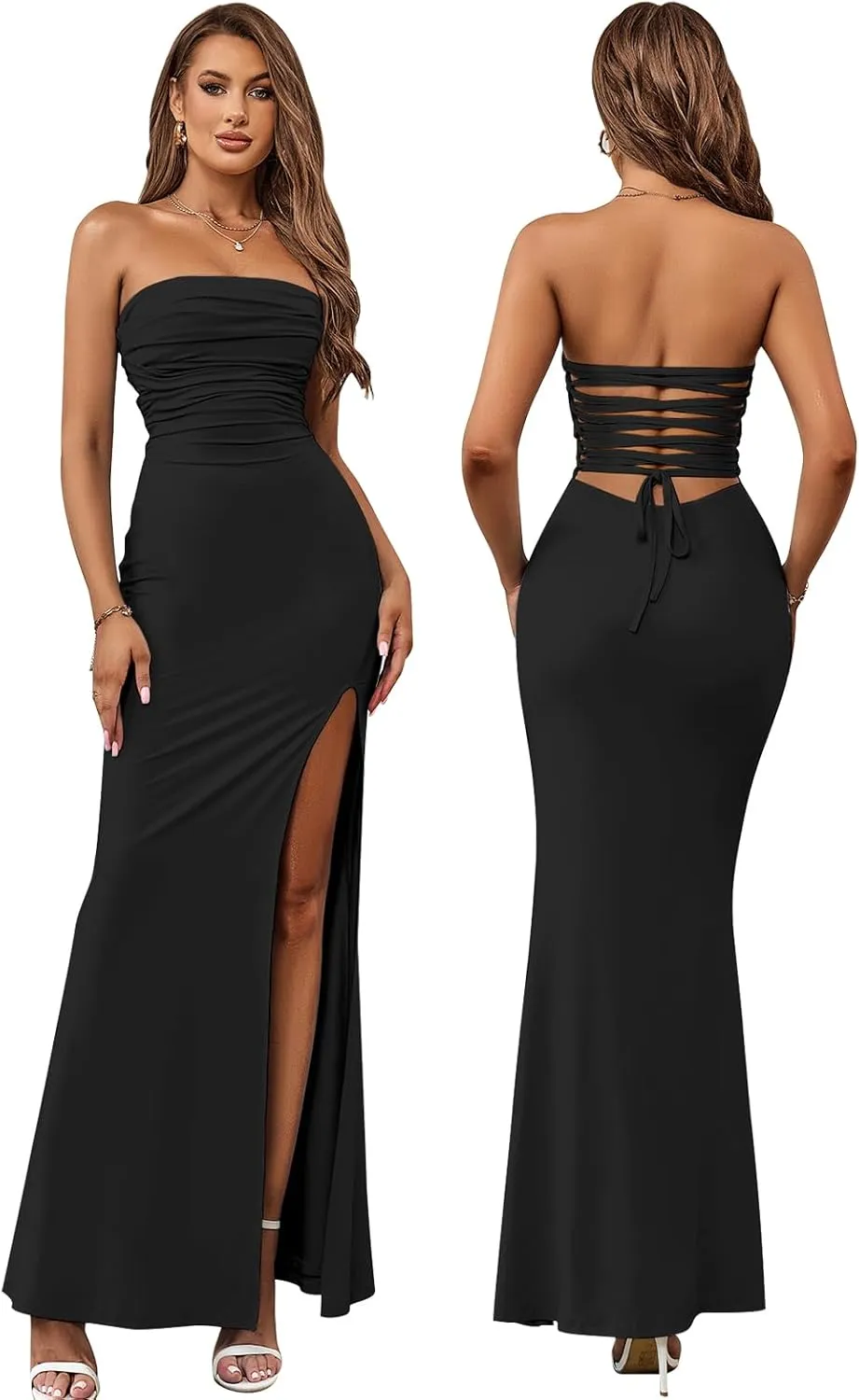 HTZMO Womens Tube Top Strapless Slit Bodycon Maxi Dress Sexy Tie Back Wedding Guest Party Long Dresses