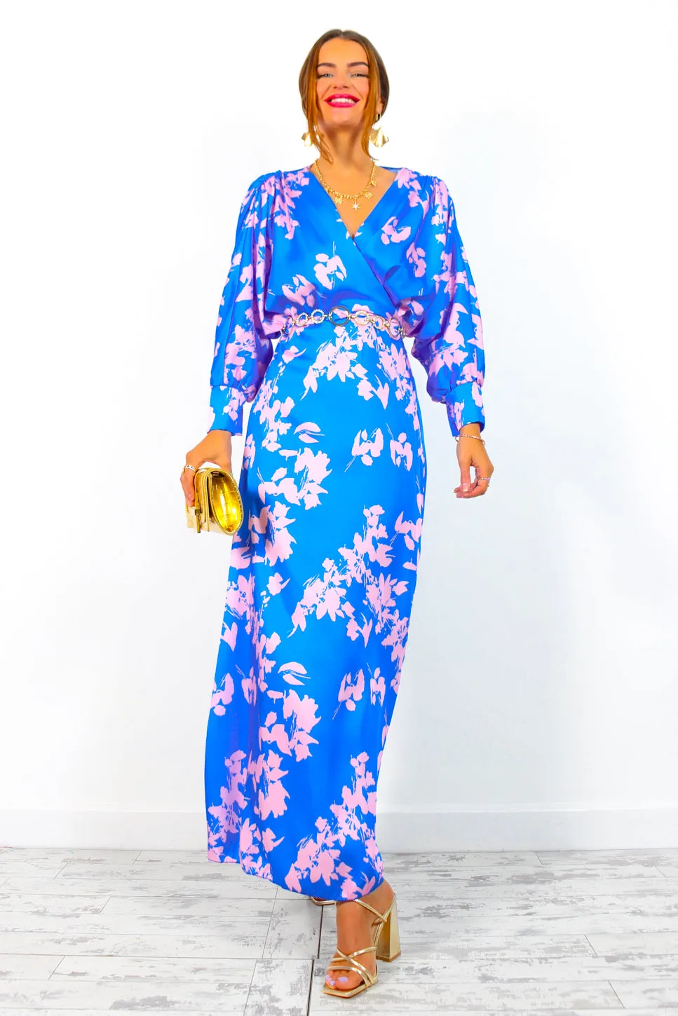 In My Imagination - Blue Pink Floral Batwing Midi Dress