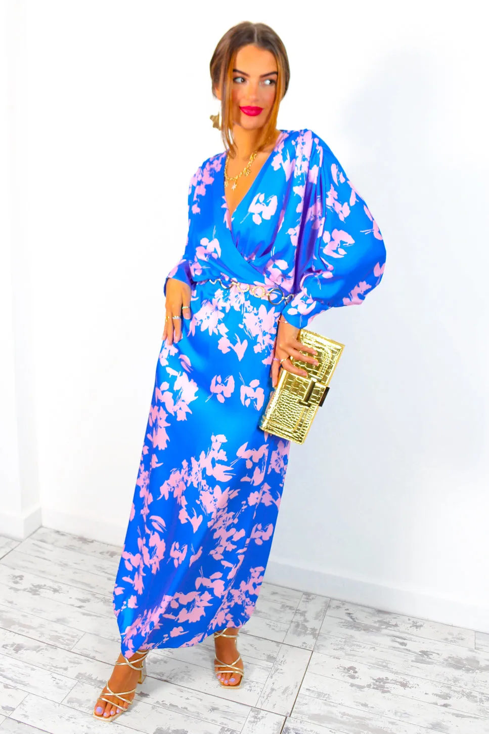 In My Imagination - Blue Pink Floral Batwing Midi Dress