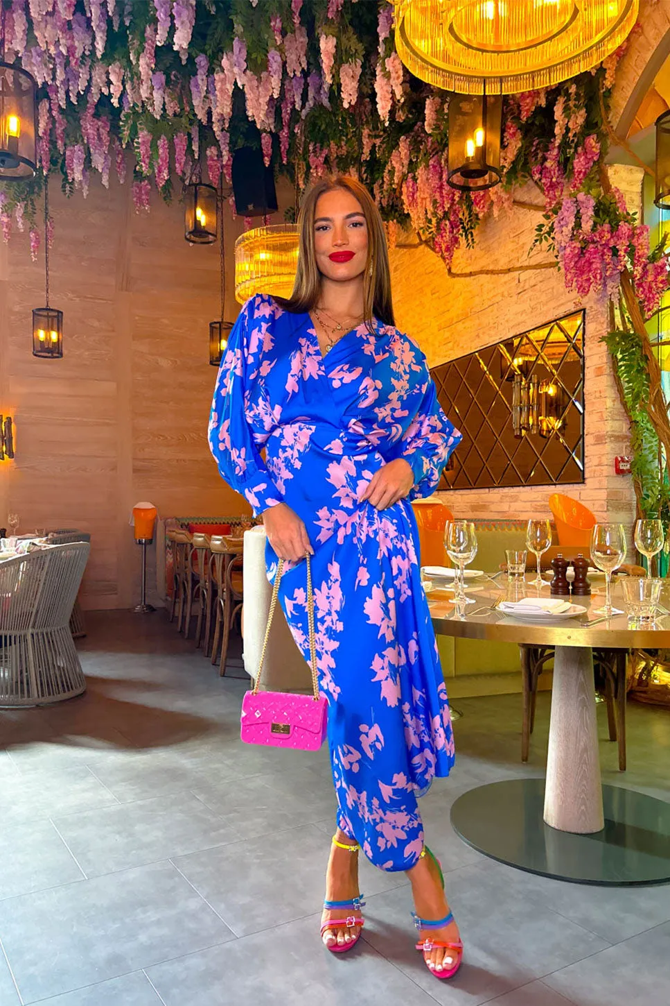 In My Imagination - Blue Pink Floral Batwing Midi Dress