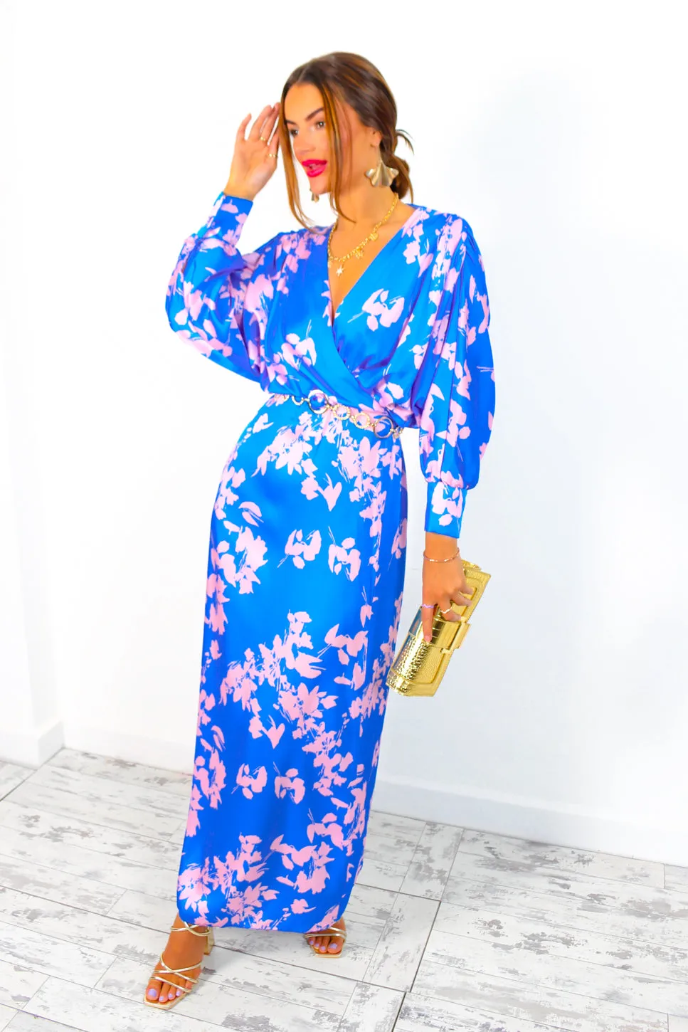 In My Imagination - Blue Pink Floral Batwing Midi Dress