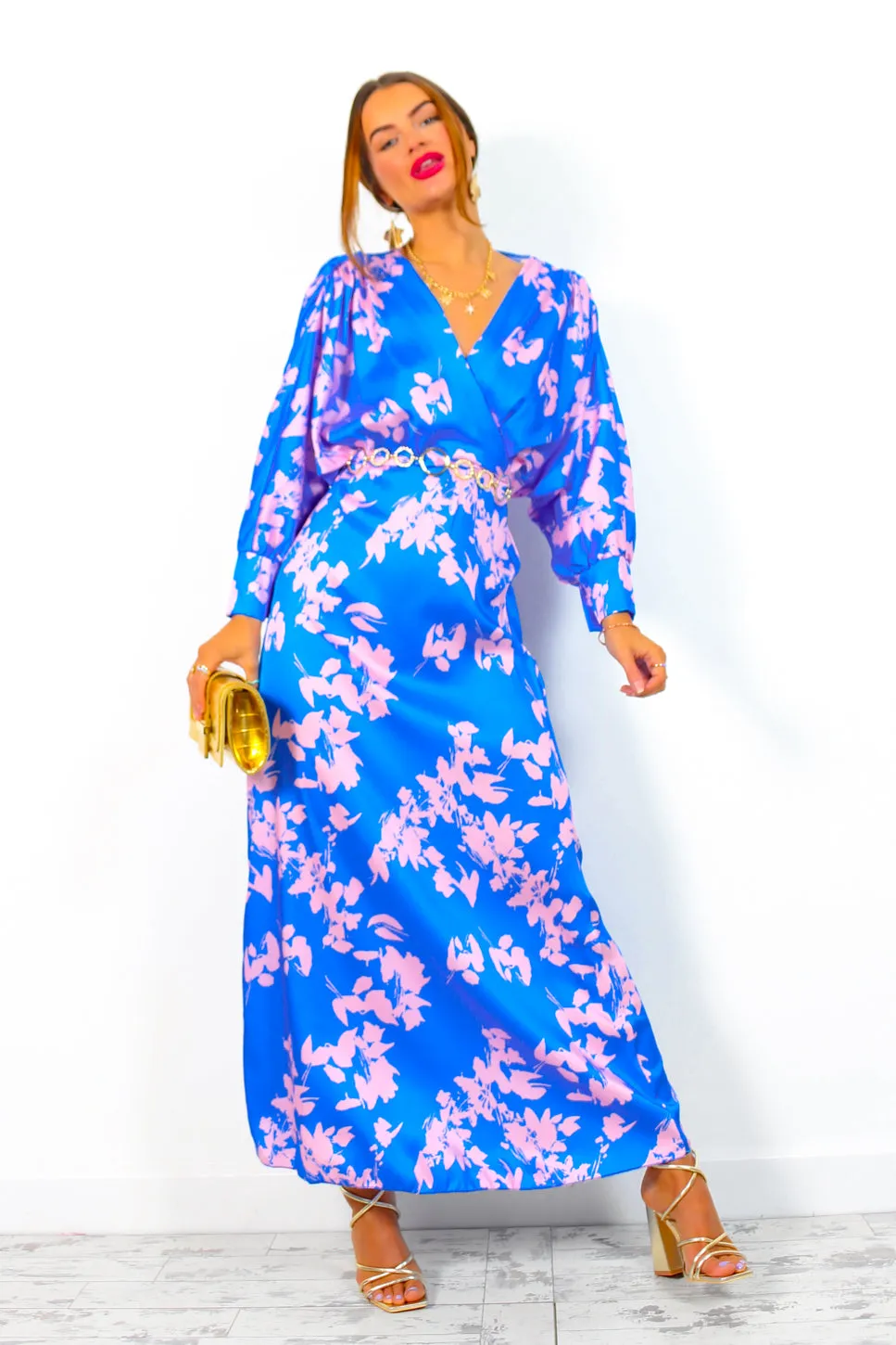 In My Imagination - Blue Pink Floral Batwing Midi Dress