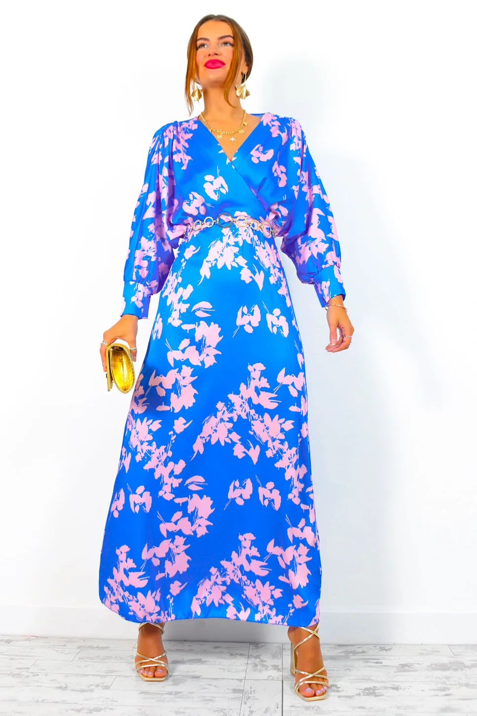 In My Imagination - Blue Pink Floral Batwing Midi Dress