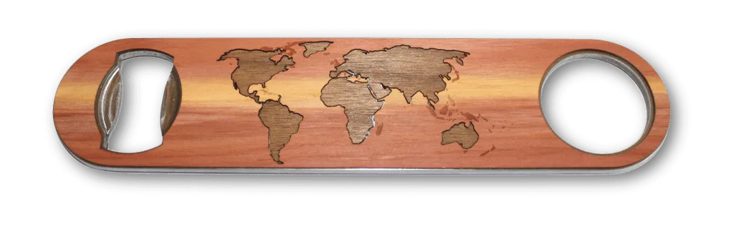 Industrial Wood Bottle Opener - World Map Traveler