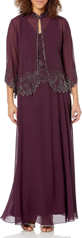 J Kara Womens Plus Size Beaded Long Jacket Dress, Burgundy, 24W