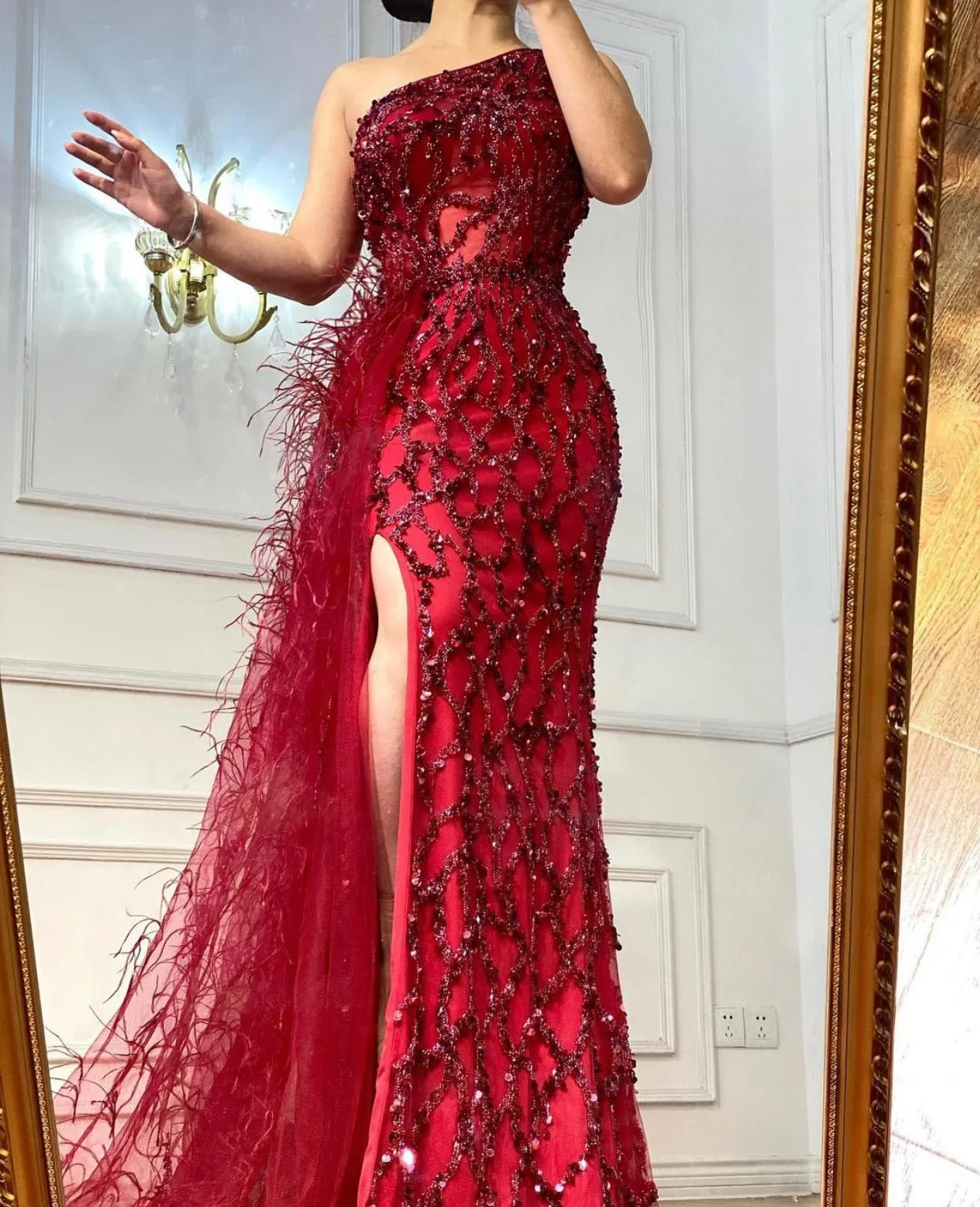 Jolene Split Mermaid Beading Feathers Evening Dress