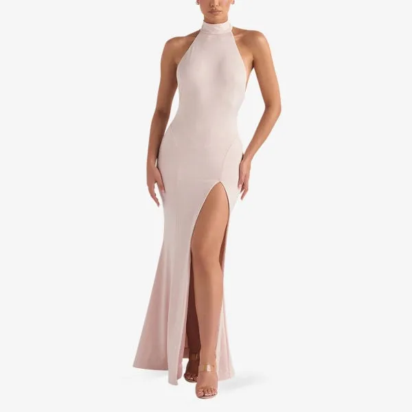 Juliette Stretch Maxi Dress with Crew Neck and Slits House Of Cb red