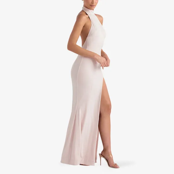 Juliette Stretch Maxi Dress with Crew Neck and Slits House Of Cb red