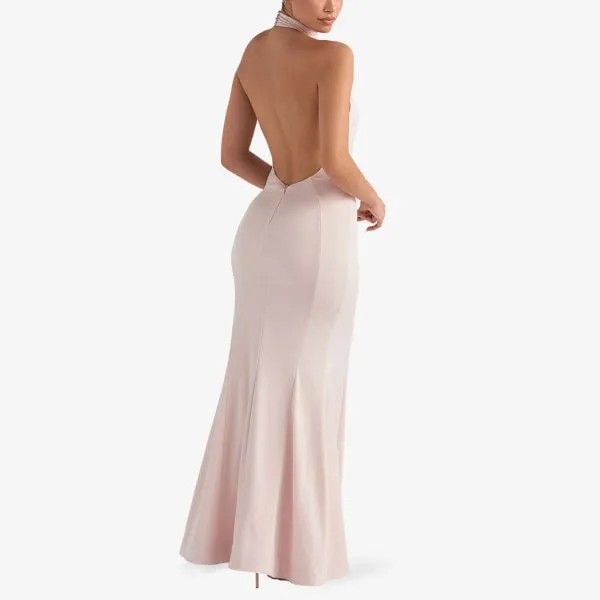 Juliette Stretch Maxi Dress with Crew Neck and Slits House Of Cb red