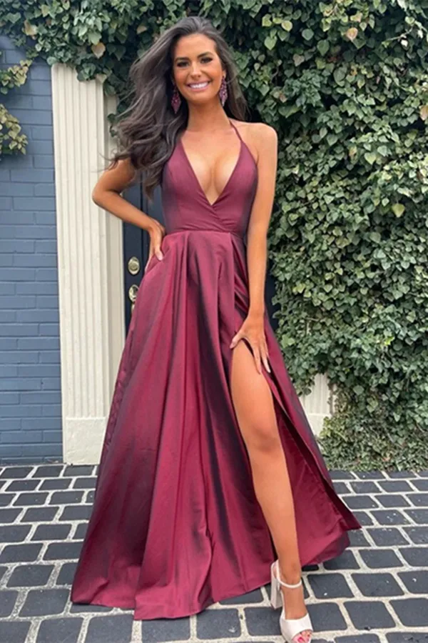 Kateprom A Line V Neck Open Back Burgundy Long Prom Dresses with High Slit Backless Satin Evening Dresses KPP1494