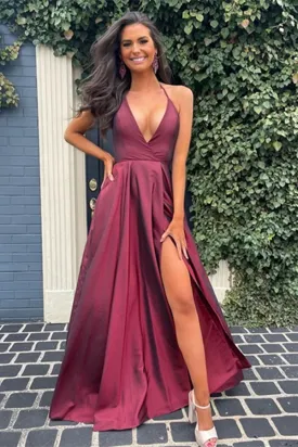 Kateprom A Line V Neck Open Back Burgundy Long Prom Dresses with High Slit Backless Satin Evening Dresses KPP1494