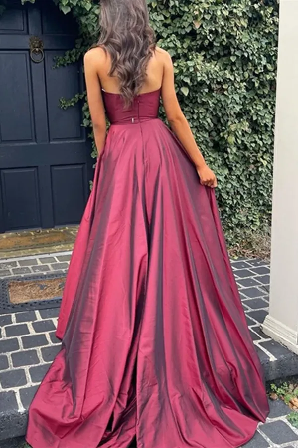 Kateprom A Line V Neck Open Back Burgundy Long Prom Dresses with High Slit Backless Satin Evening Dresses KPP1494