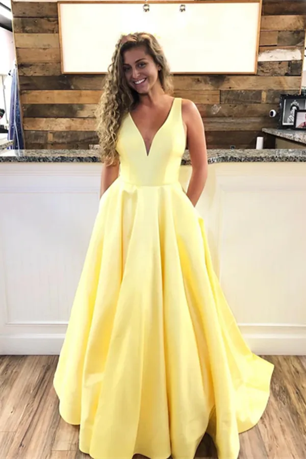 Kateprom A Line V Neck Yellow Prom Dresses, Yellow V Neck Formal Graduation Evening Dresses KPP1567