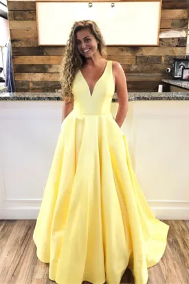 Kateprom A Line V Neck Yellow Prom Dresses, Yellow V Neck Formal Graduation Evening Dresses KPP1567