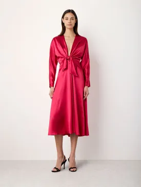 Knot Silk Dress with Ruffles In Dark Pink