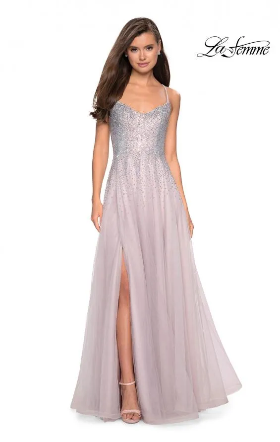 La Femme 27750 Elegant Tulle A-Line Gown with Rhinestone Accents, Leg Slit, and Strappy Back Detail