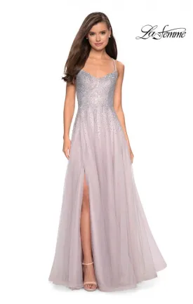 La Femme 27750 Elegant Tulle A-Line Gown with Rhinestone Accents, Leg Slit, and Strappy Back Detail