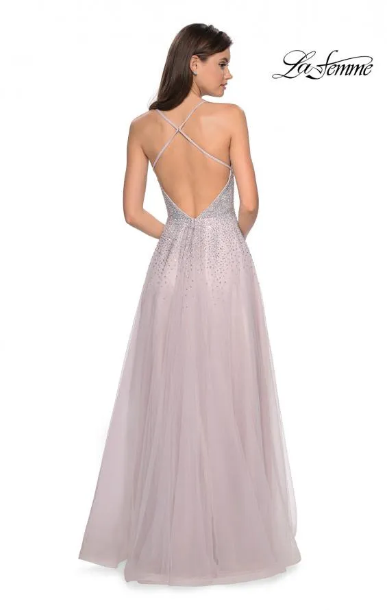 La Femme 27750 Elegant Tulle A-Line Gown with Rhinestone Accents, Leg Slit, and Strappy Back Detail